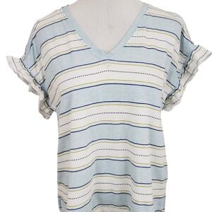 Pilcro Anthropologie Stripe Tee Womens M Blue V Neck Ruffle Sleeve Coastal Beach
